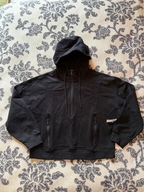 Black Hooded Pullover Sweatshirt with Zip Pockets
